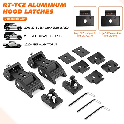 RT-TCZ for Wrangler Hood Latch Lock Catch, Aluminum Hood Latches for Jeep Wrangler 2007-2017 JK JKU 2018+ JL JLU 2020+ Gladiator JT Black Exterior Accessories 2pcs