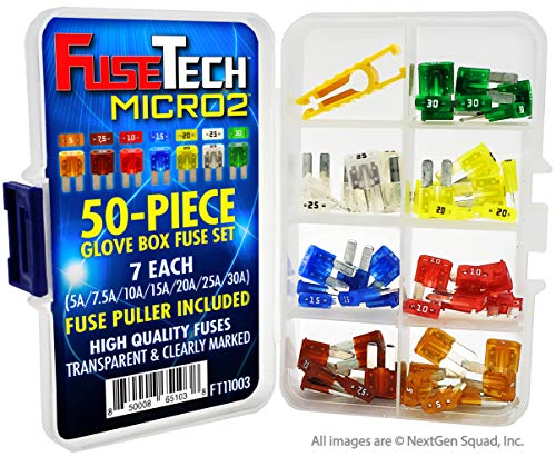 FuseTech Micro2 APT ATR 50 Piece Automotive Car Fuse Assortment Glove Box Set (49 Micro 2 Blade Fuses + Fuse Puller) 5A 7.5A 10A 15A 20A 25A 30A