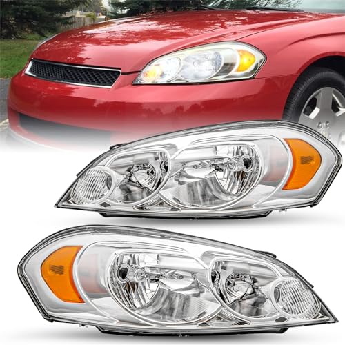 JSBOYAT Headlight Assembly Fit for 2006-2013 Chevy Impala / 2006-2007 Chevy Monte Carlo / 2014-2016 Chevy Impala Limited Driver and Passenger Side, Chrome Housing with Amber Reflector