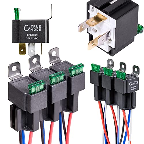 True MODS 6 Pack 4-Pin 12V Bosch Style Fused Relay Switch Kit [Interlocking Harness Socket Holder] [14 AWG Hot Wires] [SPST] [30 Amp] 12 Volt Automotive relays with Fuse for Auto Cars