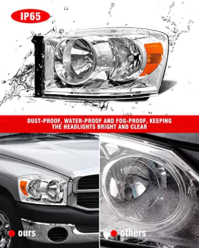 ADCARLIGHTS Headlight Assembly Pair for 2006-2008 Dodge Ram 1500 2006-2009 Dodge Ram 2500 3500 Clear Lens Chrome Housing Amber Reflector Left Right W/O Bulbs