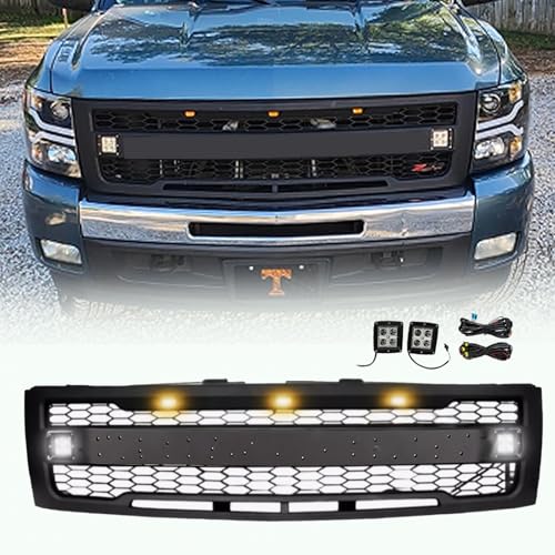 BNYIUEQR Front Grille Compatible with 2007 2008 2009 2010 2011 2012 2013 Chevy Silverado 1500, Replacement Grill Mesh Style with 3 LED Lights and 2 Side Lights (Matte Black with Letters)