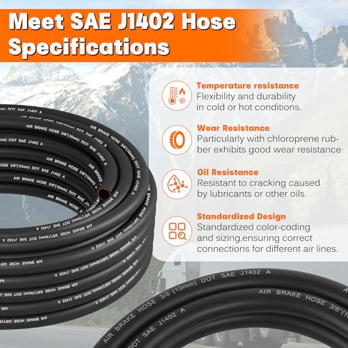 50FT 3/8"ID - 3/4” OD Air Brake Rubber Hose, Dazakoot S.A.E. J1402 and D.O.T.F.M.V.S.S. 106 Approved Replacement Hose for Semi Truck Trailer Tractor
