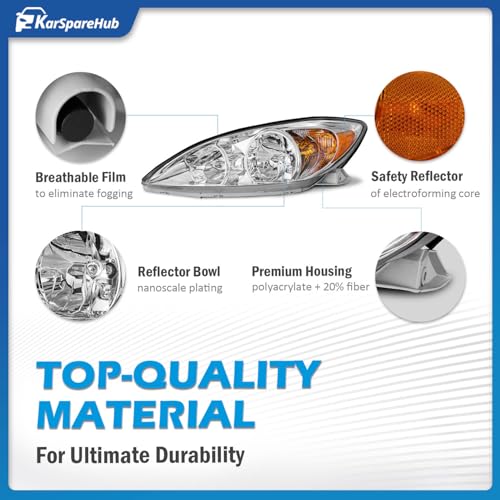 KarSpareHub Headlights Assembly for 2002-2004 Toyota Camry LE XLE Headlamp Replacement Chrome Housing Amber Reflector Driver & Passenger Side