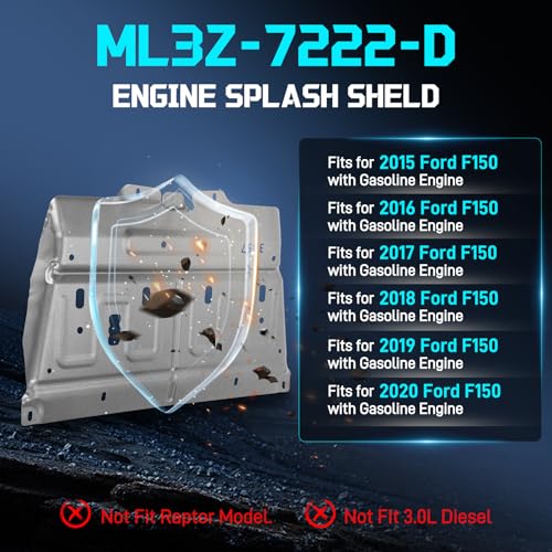 ML3Z-7222-D Engine Splash Shield | Upgraded 2.4mm Manganese Steel Splash Panel Shield F150 | Compatible with 2015-2024 Ford F150 Gasoline Engine | Diaper/Rear Engine Splash Shield Under Cover