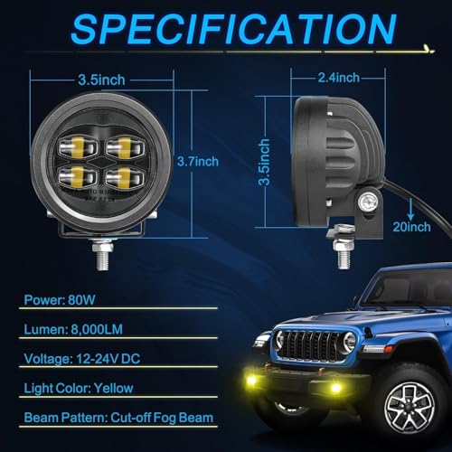 SAE Yellow Fog Lights, ACEC SHOP 2PCS 80W 3.5 Inch Round LED Fog Light Bars DOT Approved Street Legal Amber Pods Off Road Driving Light for Truck Pickup Wrangler Tacoma Tundra F150 UTV SUV Motorcycle