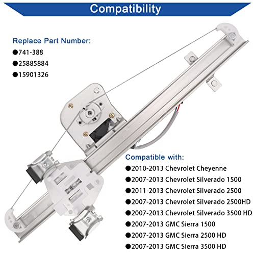 Obaee 741-388 Rear Driver Side Power Window Lift Regulator with Motor Compatible with 2007-2013 Chevy Silverado GMC Sierra 1500 2500HD 3500HD Extended Cab Pickup