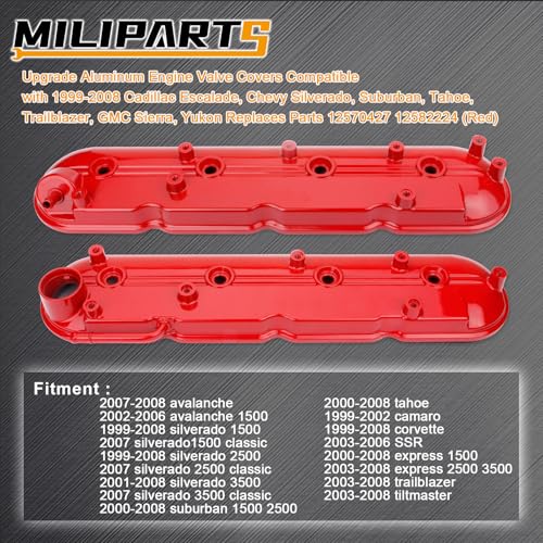MILIPARTS Upgrade Aluminum Engine Valve Covers Compatible with 1999-2008 Cadillac Escalade Chevy Silverado, Suburban Tahoe Trailblazer GMC Sierra Yukon Replaces Parts 12570427 12582224