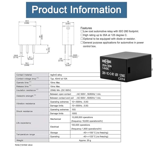 nqnqvl 8 Pack Automotive Relay 301-1C-C-R1-U01 12VDC 5-PIN Compatible with Automotive in Power.