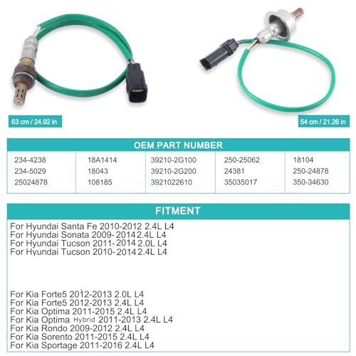 2 PCS 234-5029 234-4238 Oxygen Sensor Upstream Downstream (2.0L 2.4L) for 2009-2016 Hyundai Santa Fe Tucson Sonata,for Kia Forte5 Optima Hybrid Rondo Sorento Sportage 392102G100 392102G200