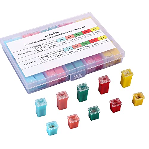 CrocSee 30 PCS Box Shaped Car Fuses Kit (20A, 30A, 40A, 50A, 60A)