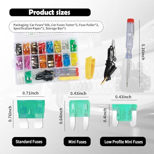 Car Fuses Assortment Kit with Car Fuse Tester,3-Size Fuses Automotive Kit with Standard & Mini & Low Profile Mini (35A,30A,25A,20A,15A,10A,7.5A,5A,2A),Universal Cars Fuse Kits