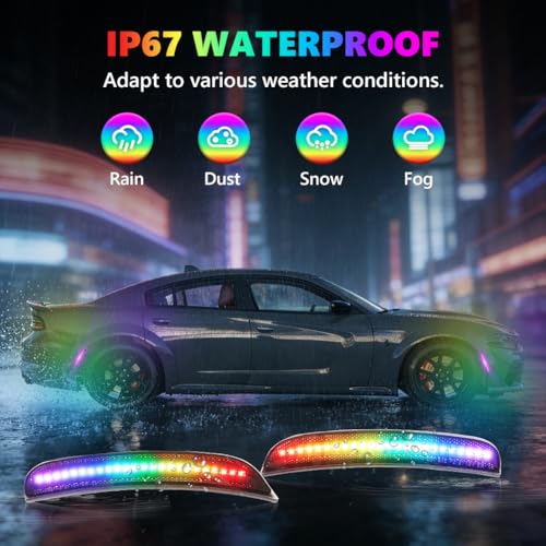 OFFKAT Full LED Side Marker Lights for Dodge Charger RT SXT R/T GT 2015-2023, Smoked Lens RGB LED Side Markers, Front & Rear Turn Signal Marker Lights, 4 PCS