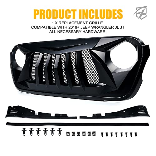 Xprite Matte Black Front Grille Grid Grill w/Mesh Compatible with 2018-2021 Jeep Wrangler JL JT - Black Widow Series
