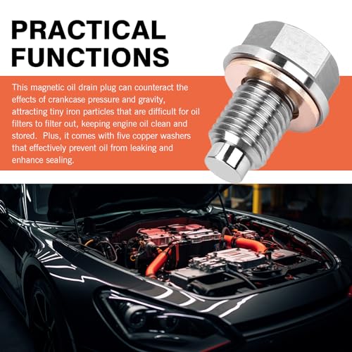 M12 x 1.25 Magnetic Oil Drain Plug, Magnetic Stainless Steel Oil Pan Drain Nut Bolt with 5 PCS Copper Crush Washer Anti Leakage, Universal Leak-proof Replacement,Fits Most Cars, Motorcycles, Boats