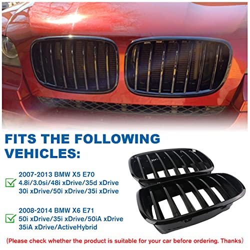 BILLDIO Front Grille For 2007-2014 BMW X5 E70 X6 E71，ABS Gloss Black Kidney Grill