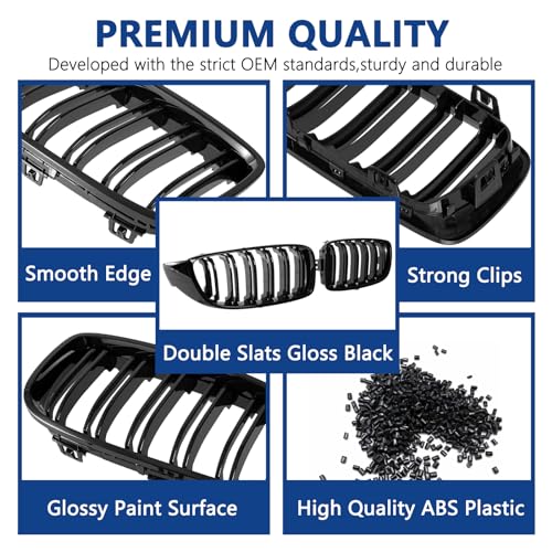 DEKEWEI F32 Grille,Front Kidney Grille Grill Compatible for 4 Series F32 F33 F36 (2014-2019) M3 F80 M4 F82 (2015-2019) (Double Slats Gloss Black Grills, 2pcs)
