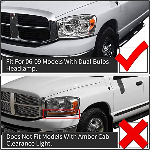 ADCARLIGHTS Headlight Assembly Pair for 2006-2008 Dodge Ram 1500 2006-2009 Dodge Ram 2500 3500 Clear Lens Chrome Housing Amber Reflector Left Right W/O Bulbs