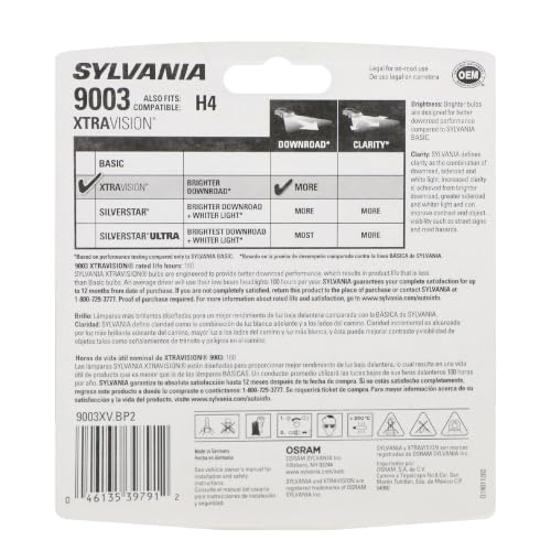 SYLVANIA - 9003 XtraVision - High Performance Halogen Headlight Bulb, High Beam, Low Beam and Fog Replacement Bulb (Contains 2 Bulbs)