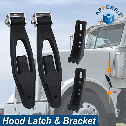Hood Latch Strap with Catch Bracket Kit 2 Pack Compatible with Kenworth T300 T600 T800 W900, Peterbilt 357 367 377 378 379 388 389 1987-2011 Truck Hood Parts Replaces 23-13857 L56-0001 HLK1035