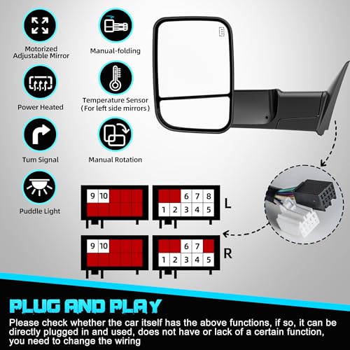 Smoked Power Heated Tow Mirrors Compatible with 2009-2018 Dodge Ram 1500, 2010-2018 2500 3500, 2019-2024 Ram 1500 Classic Flip Up Extended Trailer Towing Side Mirrors with Puddle Light, Black Housing