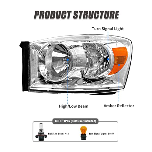 ADCARLIGHTS Headlight Assembly Pair for 2006-2008 Dodge Ram 1500 2006-2009 Dodge Ram 2500 3500 Clear Lens Chrome Housing Amber Reflector Left Right W/O Bulbs