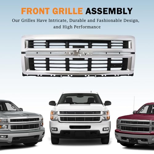 KARPAL Front Upper Grille Assembly W/Chrome Surround Frame Compatible with 2014 2015 Chevrolet Silverado 1500, Replacement 23259621 GM1200714