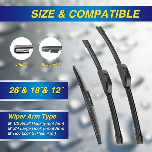 5 PLUS® Silicone Windshield Wipers Replacement for 2015-2024 Nissan Murano / 2019-2023 Acura RDX / 2014-2021 Mitsubishi Outlander Wiper Blades(Set of 3),Windshield Wiper Blades For My Car-26"/18"/12"