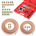 25Ft 1/4" and 3/16" Brake Line Kit,Single & Double Brake Line Flaring Tool Kit with 32 Inverted Fittings and Brakes Flare Tool Kits,Copper Plated Brakes Lines Repair Kits