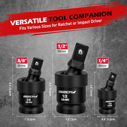 Impact Universal Joint-Socket Swivel Set: 3-Piece 1/2", 3/8", 1/4" Flexible Socket Swivel Set Premium CR-MO Steel U Joint Adapter Wobble