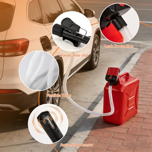 Automatic Portable Fuel Transfer Pump with Auto-Stop, 3.8 Gallon per minute, Extra Long Hose, Battery Powered and USB Type-c, 4 Can Adapters, Leak protection, Gas Can Pump for Oil, Diesel and Gasoline