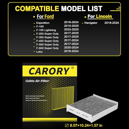Cabin Air Filter w/Activated Carbon for Ford F-150 2015–2025, Expedition 2018–2024, F-150 Lightning 2022–2024, Super Duty F-250/F-350/F-450/F-550,Lincoln Navigator 2018–2024, and More, CF150