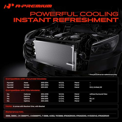 A-Premium Air Conditioning A/C Condenser Compatible with Hyundai Sonata 2011-2014, Azera 2012-2014 & Kia Optima 2011-2015, Cadenza 2014-2016, 2.4L 3.3L, Petrol