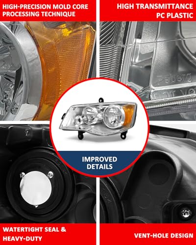 ADCARLIGHTS Compatible with 2011 2012 2013 2014 2015 2016 2018 2019 2020 Dodge Grand Caravan 08-16 Chrysler Town & Country Headlights Chrome Housing Amber Reflector Driver and Passenger（W/O Bulbs）