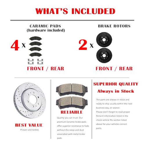Front Brake Kit, Drilled and Slotted Brake Rotors Ceramic Brake Pads for Cadillac Escalade Chevy Silverado 1500 Tahoe GMC Yukon