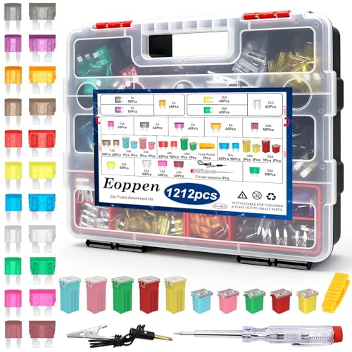 Eoppen 1212Pcs Car Fuses Assortment Kit with Fuse Puller and Circuit Tester, Standard & Mini Fuse Kit & Tall/STD Profile Box Shaped Automotive Fuse for Cars, Trucks and SUV, Boat