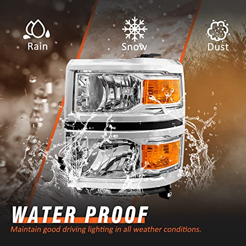 AXLAHA for 2014-2015 Chevy Silverado 1500 Pickup Headlights Assembly Halogen Factory OE Style Chrome Housing Replacement Driver and Passenger Side Pair
