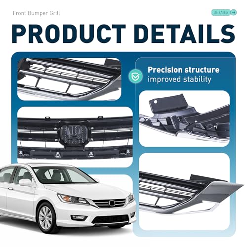 ALMULOO Front Bumper Grill Compatible with 2013-2015 Honda Accord 4Door Sedans Only Upper Black Chrome Grille ABS Plastic Replacement for 71121T2FA01 HO1200214