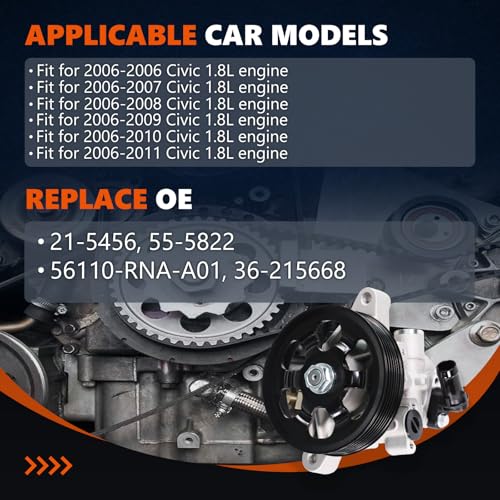 Daysyore Power Steering Pump 21-5456 with Pulley Fits for 2006 2007 2008 2009 2010 2011 Civic 1.8L, OE-Quality Power Assist Pump, Replace OE 21-5456 55-5822 56110-RNA-A01 36-215668