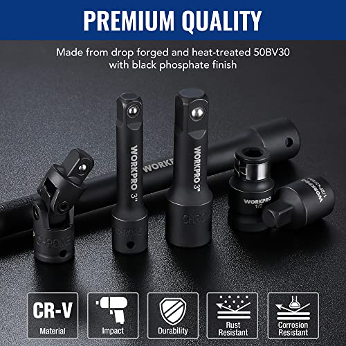 WORKPRO 18-Piece Impact Socket Extension Set, Includes Socket Adapters, Ratchet Extension Set, Swivel Universal Joints and Impact Coupler, 1/4", 3/8" & 1/2" Drive