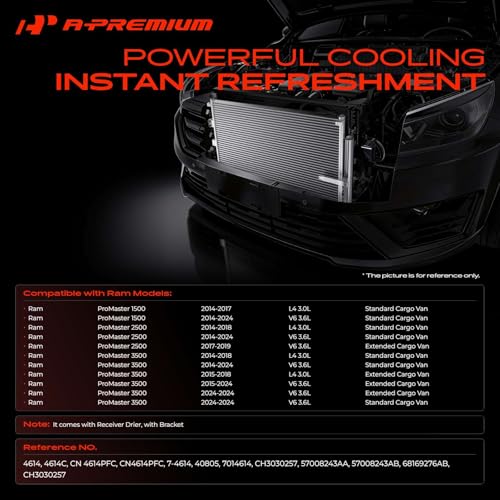 A-Premium Air Conditioning A/C Condenser Compatible with Ram ProMaster 1500 2500 3500 2014-2024, 3.0L 3.6L, Replace# 57008243AA