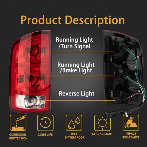 MiKaFex Tail Light Assembly Compatible with 2002-2006 Dodge Ram 1500 2003-2006 Dodge Ram 2500 3500 Pickup Driver and Passenger Side Taillights Rear Brake Lamps with Bulb Inside and Wiring Harness