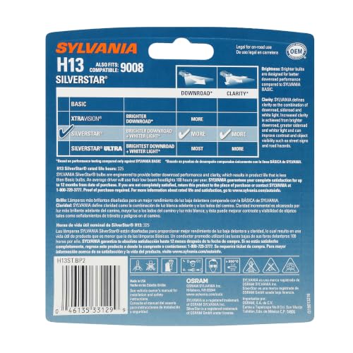 SYLVANIA - H13 SilverStar - High Performance Halogen Headlight Bulb, High Beam, Low Beam and Fog Replacement Bulb, Brighter Down Road with Whiter Light (Contains 2 Bulbs)