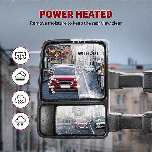YITAMOTOR Towing Mirrors Compatible with 1999-2007 Ford F250 F350 F450 F550 Super Duty, 2001-2005 Excursion with LED Arrow Signal Light Smoke Power Heated Telescoping Rear LED Turn Signal