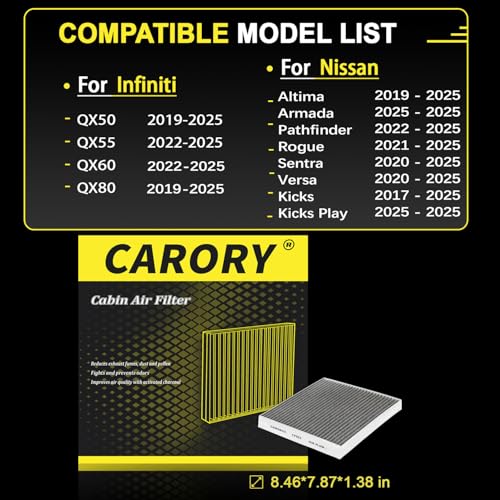 CARORY Cabin Air Filter w/Activated Carbon for Nissan Rogue 21-25, Altima 19-25, Kicks 17-25, Pathfinder 22-25, Sentra 20-25, Versa 20-25, Infiniti QX50 19-25, QX55 22-25, QX60 22-25, CF552