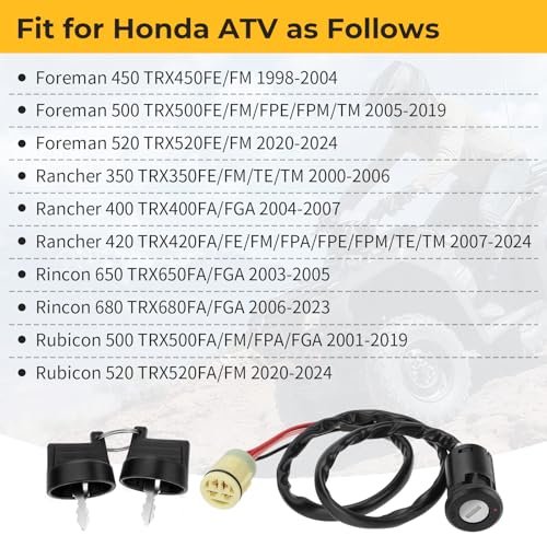 M MATI Ignition Key Switch for Honda Foreman 450 500 520 Rancher 350 400 420 Rincon 650 680 Rubicon 500 520 1998-2024 35100-HR6-A61