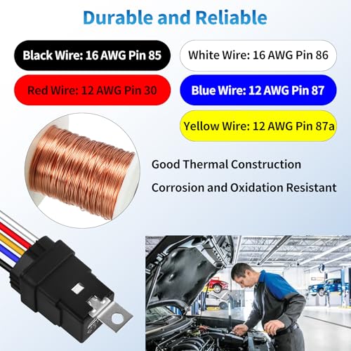 Ronybuy 5-Pin Waterproof Relay Kit 40/30 AMP 12V Relay Switch with Harness 12&16 AWG Tinned Copper Wires, SPDT Automotive Relay Kit for Horns Starters Radiator Motor Fans Boats, Pack of 2