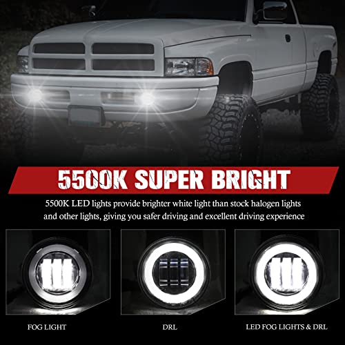 BUNKER INDUST Dodge Ram LED Fog Lights with Daytime Running Lights Set,1 Pair Clear Lens Fog Lamps Replacement for 1994 1995 1996 1997 1998 1999 2000 2001 2002 Dodge Ram 1500 2500 3500