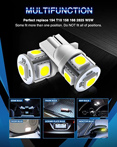 Marsauto 194 LED Bulb 6000K White 168 T10 2825 W5W 5SMD Replacement Bulbs for Car Dome Map Door Courtesy Side Marker Reading Glove Box License Plate Lights (Pack of 10)(Clear Lens Side Marker)