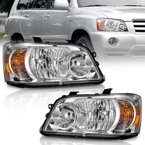 WEELMOTO Headlights Compatible with 2004-2006 Toyota Highlander, Sport Utility Headlight Chrome Housing Amber Reflector Left+Right Side